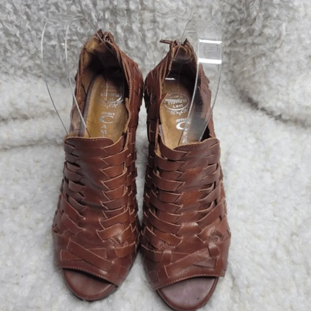 Jeffrey Campbell Brown Basket Woven Leather‎ Peep-toe Booties sz 7.5